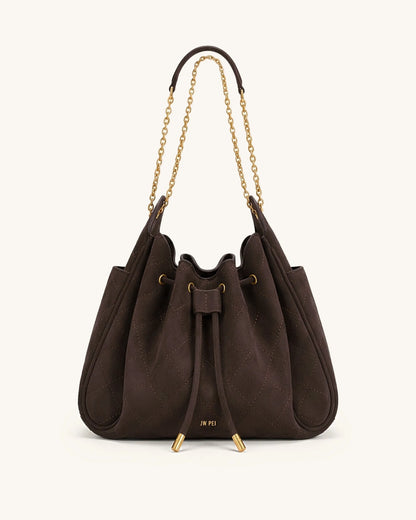 JW Pei Dark Brown Women Rowan Faux Suede Quilted Chain Bucket Bag SKU: 4B73-30_Dark Brown Image 01