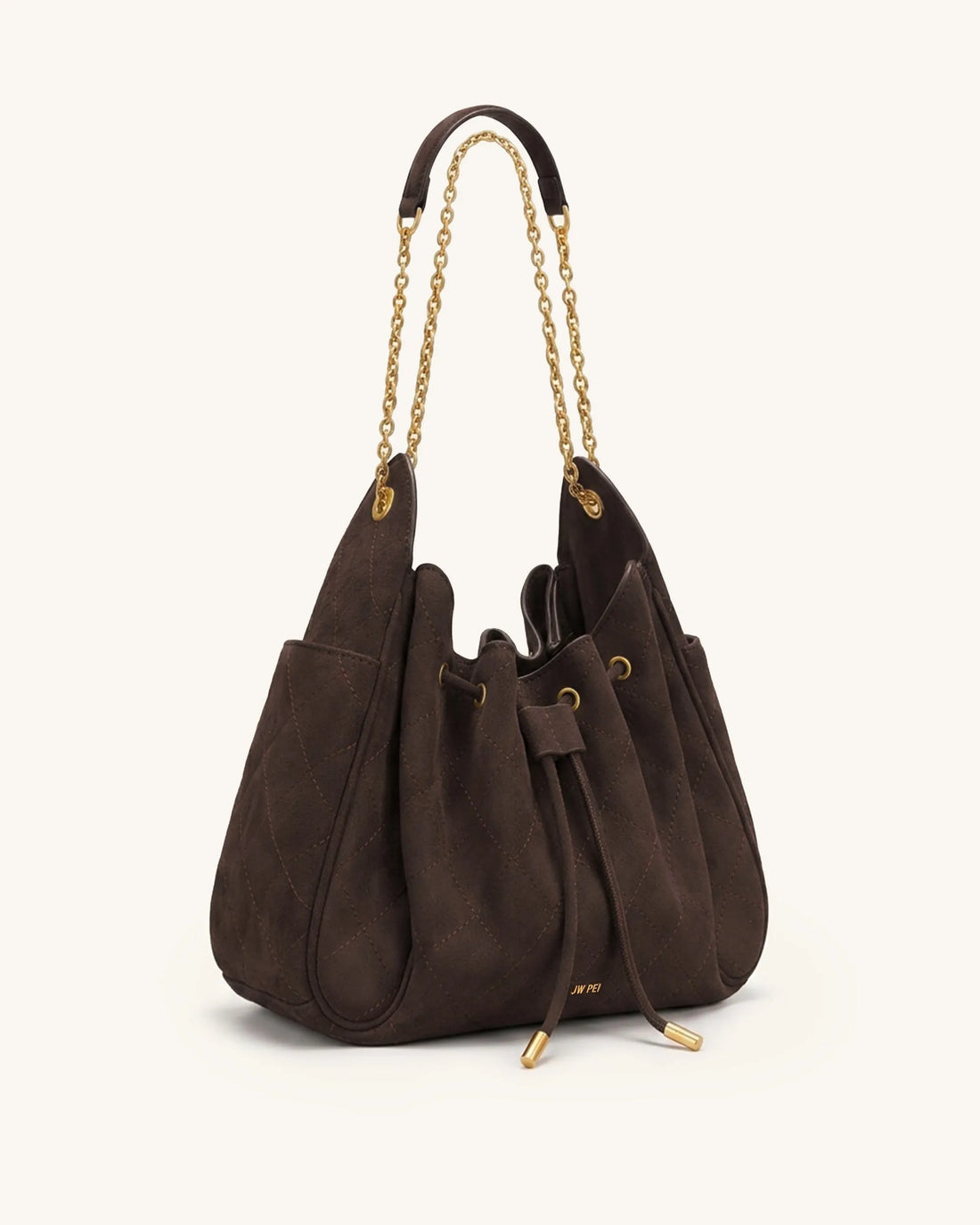JW Pei Dark Brown Women Rowan Faux Suede Quilted Chain Bucket Bag SKU: 4B73-30_Dark Brown Image 02