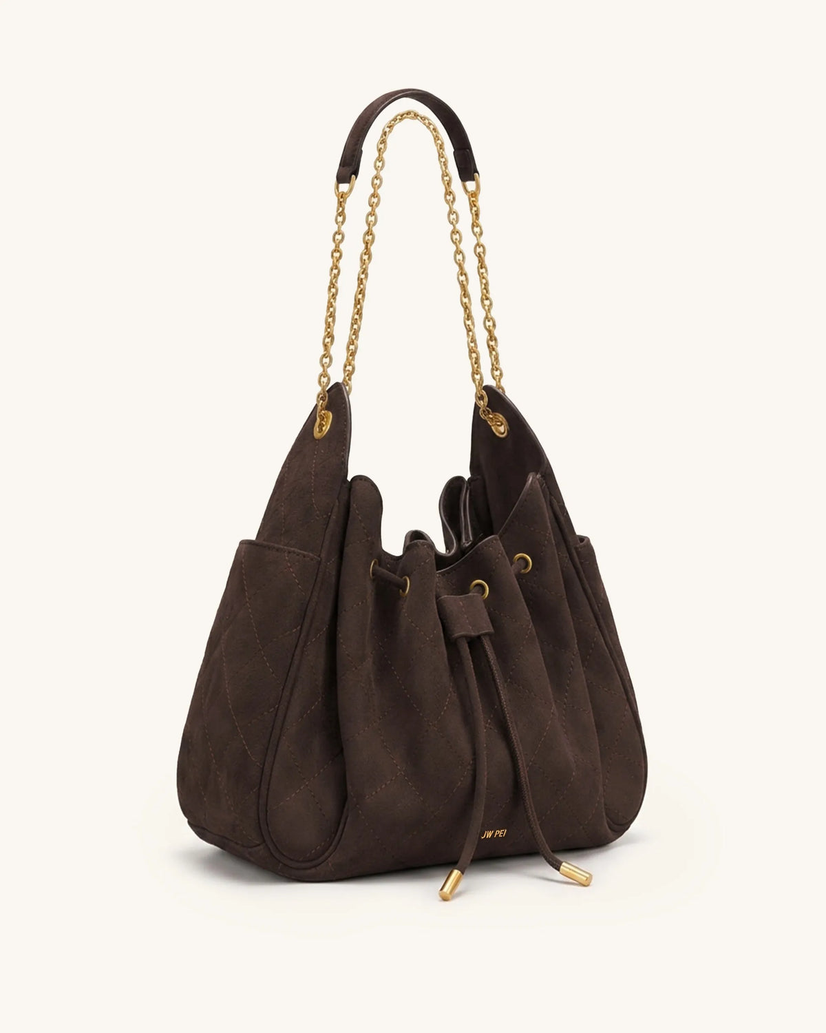 JW Pei Dark Brown Women Rowan Faux Suede Quilted Chain Bucket Bag SKU: 4B73-30_Dark Brown Image 02