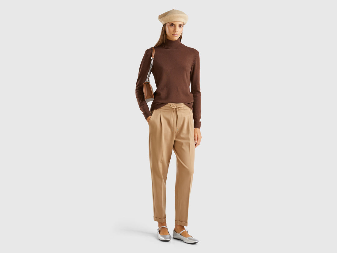 Benetton_Camel_Yarn Dyed Trousers with Drawstring_4DI4DF00J_34A_01