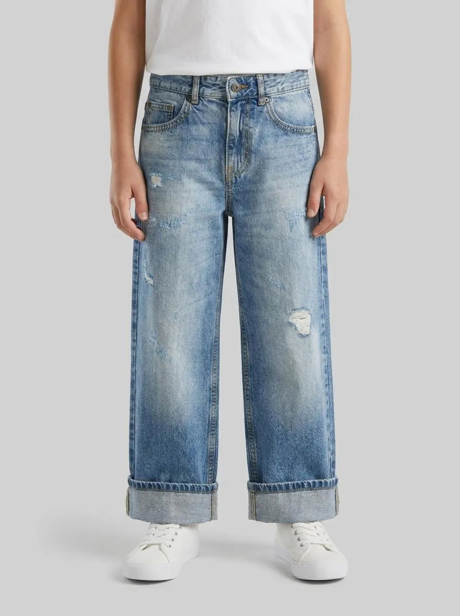 Benetton Blue Boys Straight Jeans with Cuffs SKU: 4DW2CE04S_902 Image 00