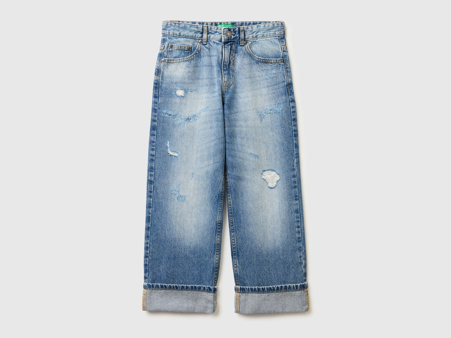 Benetton Blue Boys Straight Jeans with Cuffs SKU: 4DW2CE04S_902 Image 01