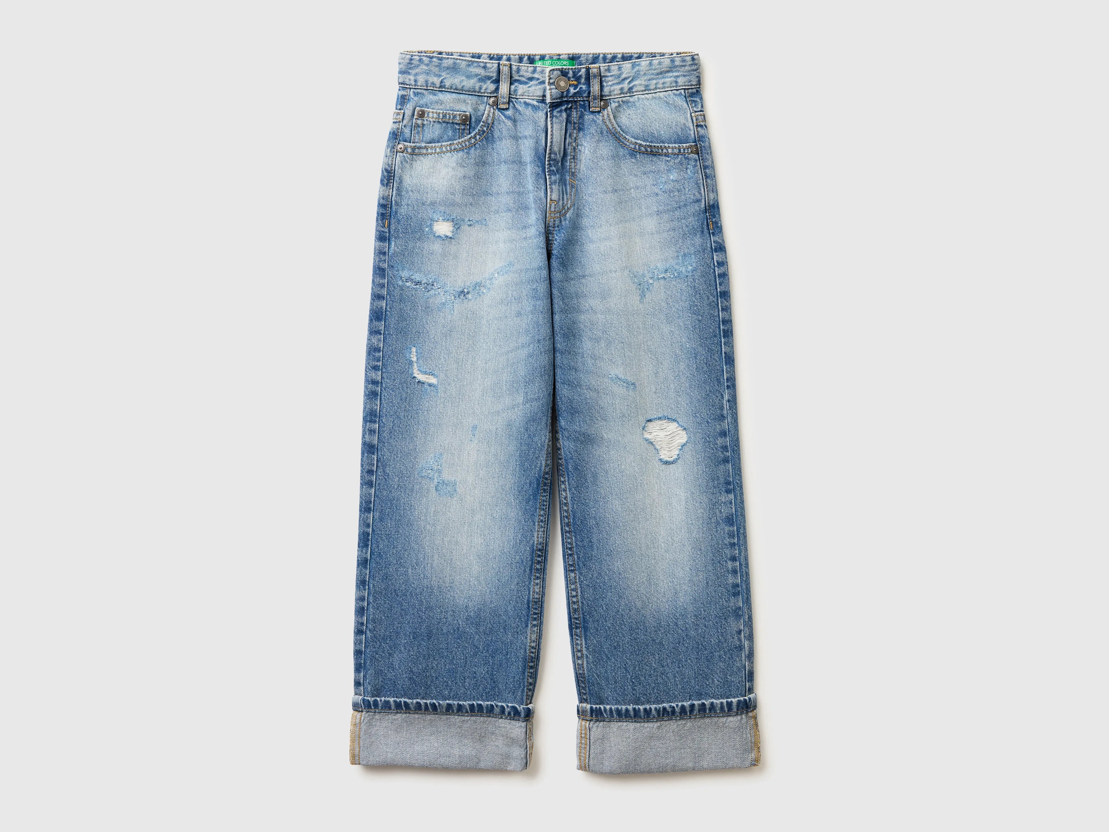 Benetton Blue Boys Straight Jeans with Cuffs SKU: 4DW2CE04S_902 Image 01