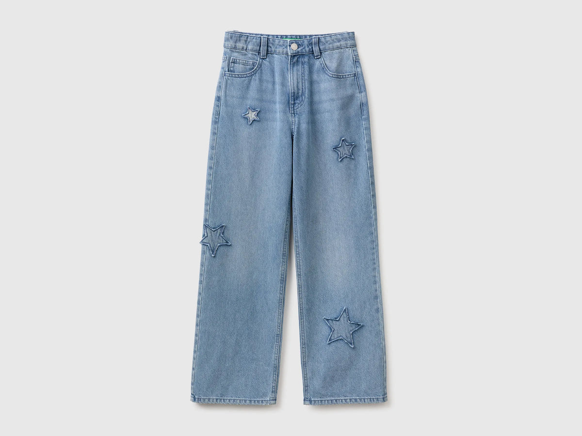 Benetton Light Blue Girls Straight Jeans with Stars SKU: 4DW2CE04U_902 Image 01