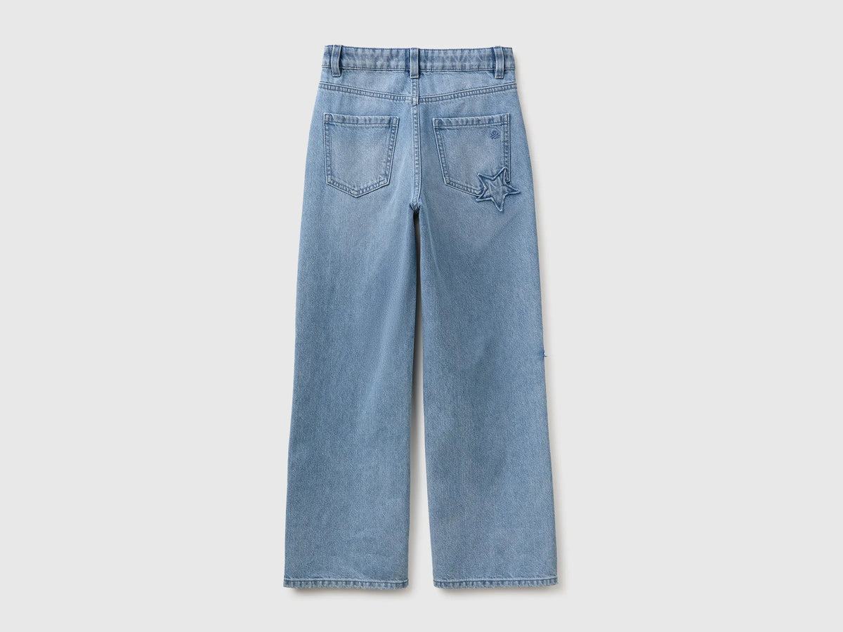 Benetton Light Blue Girls Straight Jeans with Stars SKU: 4DW2CE04U_902 Image 02
