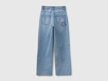 Benetton Light Blue Girls Straight Jeans with Stars SKU: 4DW2CE04U_902 Image 02