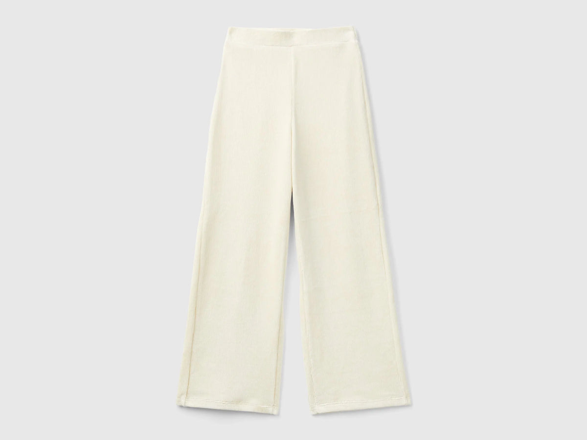 Benetton Creamy White Girls Wide Chenille Trousers SKU: 4DZBCF02Q_3C9 Image 01