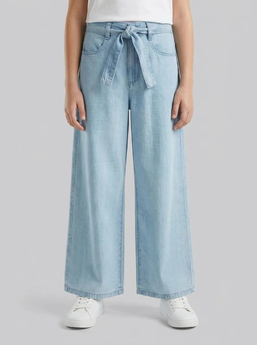 Benetton Light Blue Girls Wide Fit Jeans with Sash SKU: 4FFKCE03Q_902 Image 00