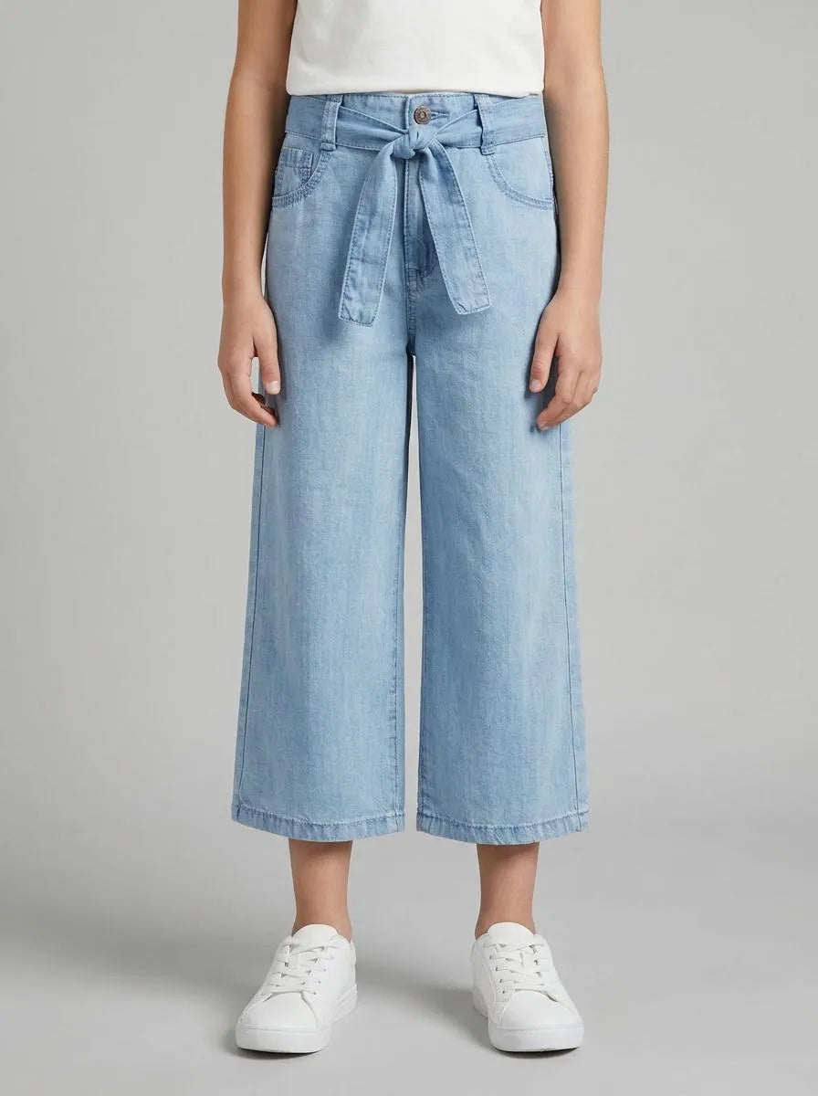 Benetton Light Blue Girls Wide Fit Trousers with Belt SKU: 4FFKGE02E_902 Image 00