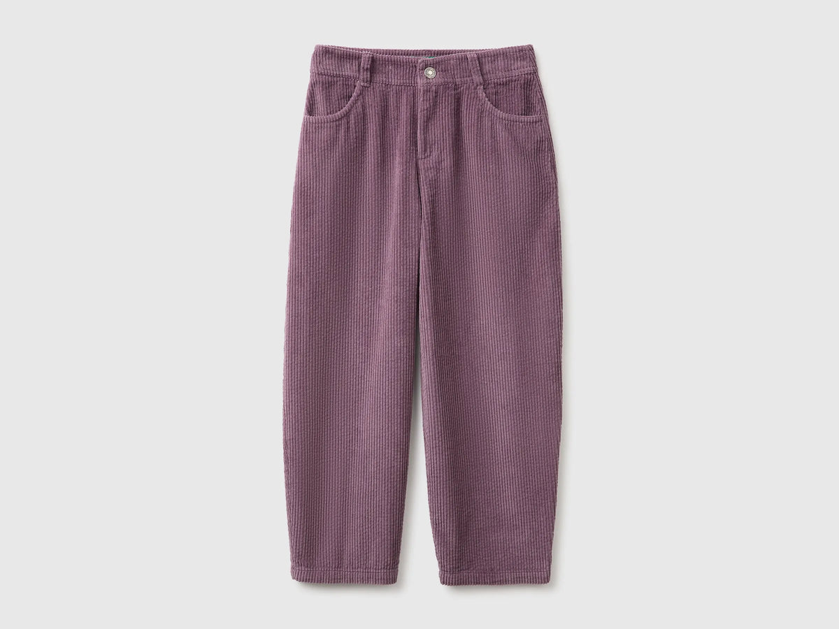 Benetton Plum Girls Corduroy Barrel-Fit Trousers SKU: 4FNFCF063_048 Image 01