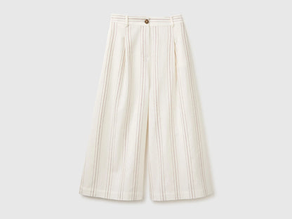 Benetton White Women Wide-Leg Striped Linen Blend Trousers SKU: 4K9FDF0BR_901 Image 01