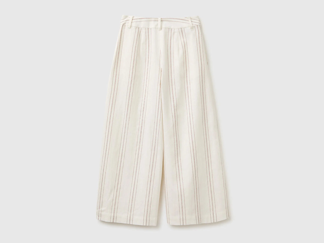 Benetton White Women Wide-Leg Striped Linen Blend Trousers SKU: 4K9FDF0BR_901 Image 02