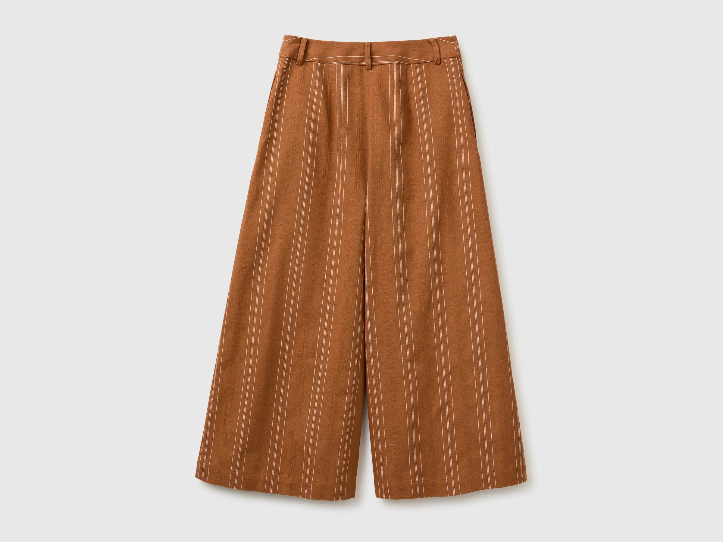 Benetton Beige Women Wide-Leg Striped Linen Blend Trousers SKU: 4K9FDF0BR_902 Image 02