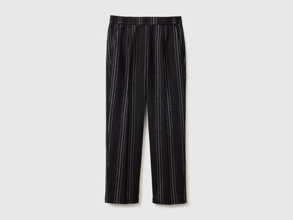 Benetton Black Women Striped Linen Blend Trousers SKU: 4K9FDF0BS_903 Image 01