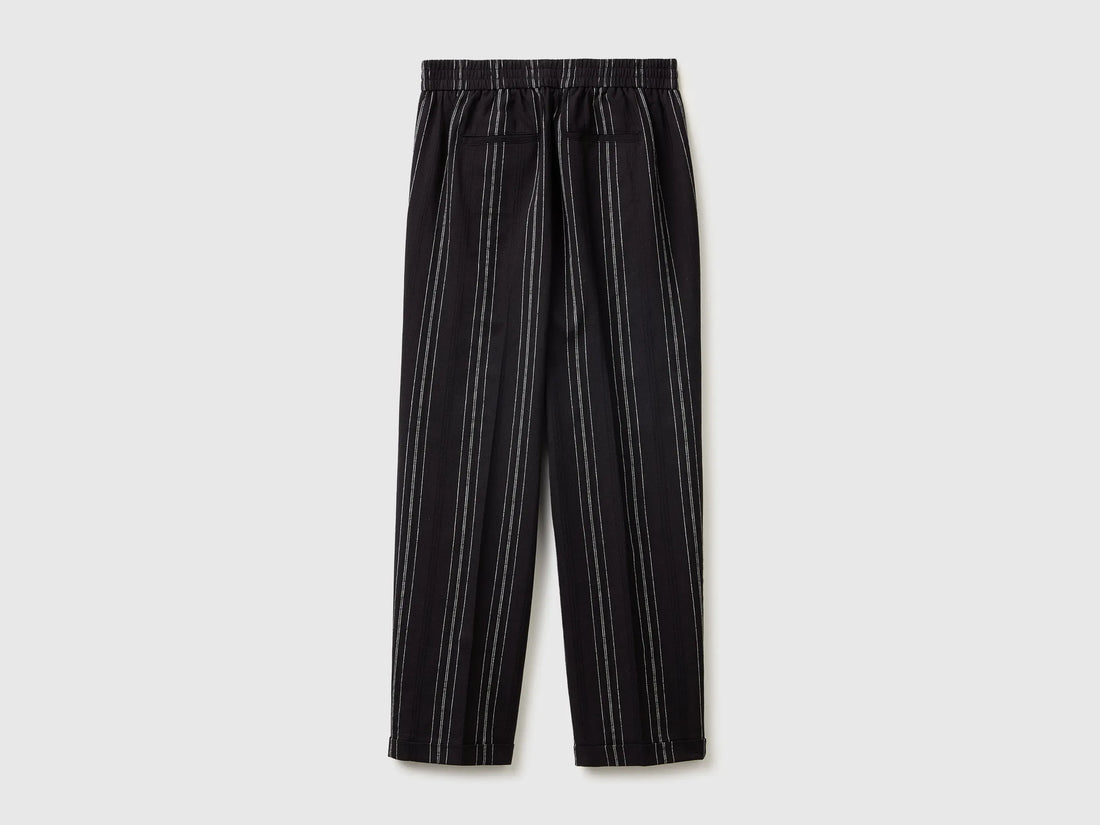Benetton Black Women Striped Linen Blend Trousers SKU: 4K9FDF0BS_903 Image 02