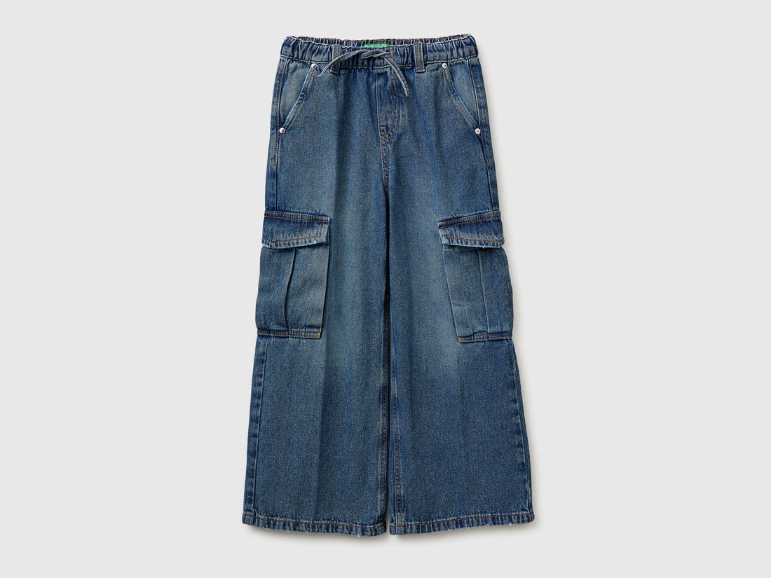 Benetton Blue Girls Wide-Fit Cargo Jeans SKU: 4KEHCF05I_901 Image 01