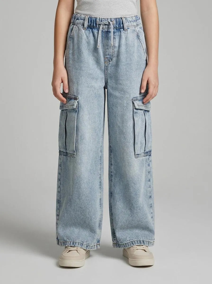 Benetton Sky Blue Girls Wide-Fit Cargo Jeans SKU: 4KEHCF05I_902 Image 00