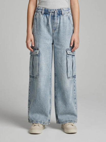 Benetton Sky Blue Girls Wide-Fit Cargo Jeans SKU: 4KEHCF05I_902 Image 00