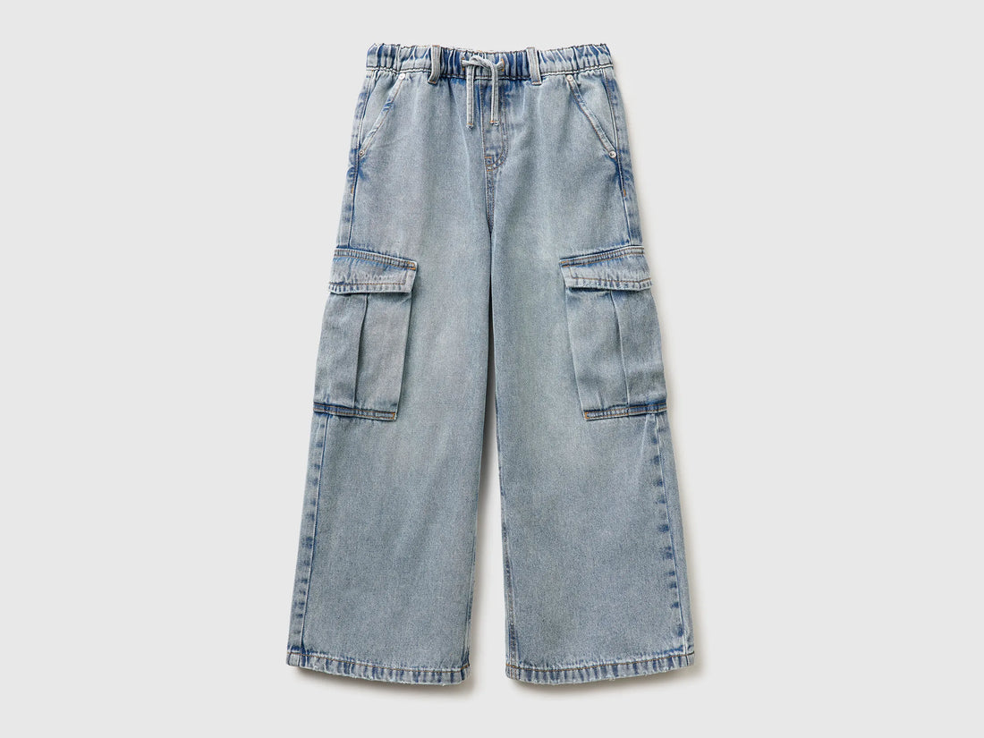 Benetton Sky Blue Girls Wide-Fit Cargo Jeans SKU: 4KEHCF05I_902 Image 01