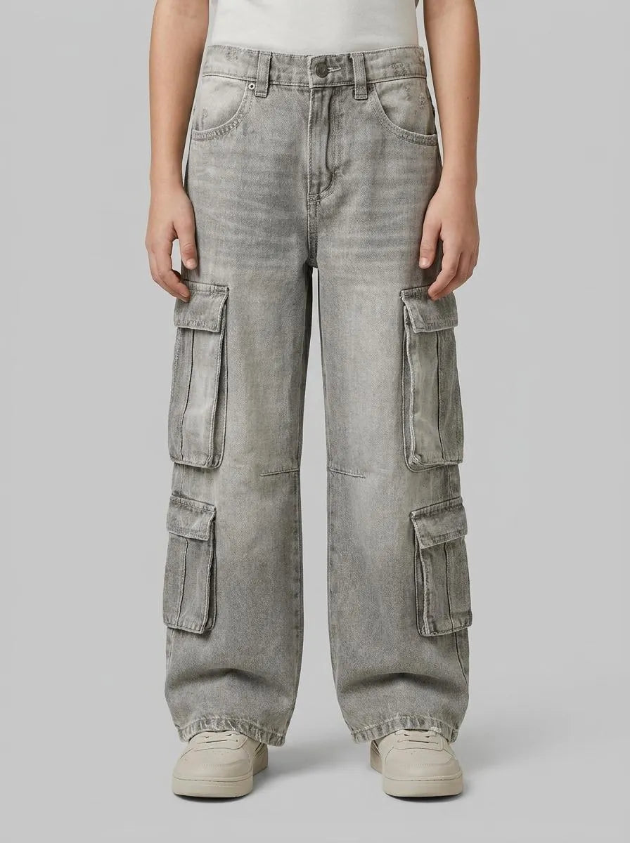 Benetton Light Gray Boys Loose Fit Jeans with Pockets SKU: 4KEHCF05P_701 Image 00