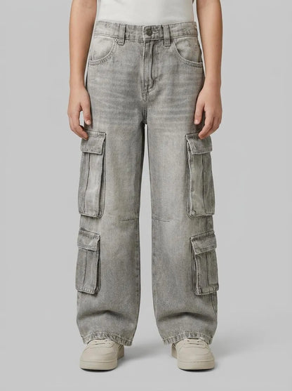 Benetton Light Gray Boys Loose Fit Jeans with Pockets SKU: 4KEHCF05P_701 Image 00