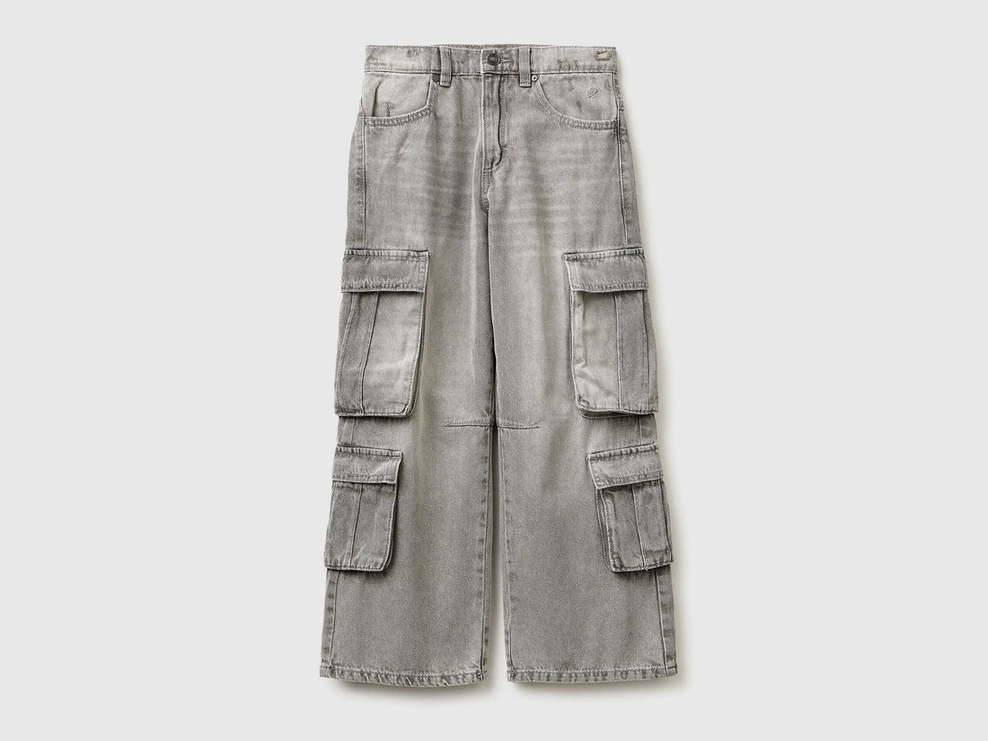 Benetton Light Gray Boys Loose Fit Jeans with Pockets SKU: 4KEHCF05P_701 Image 01