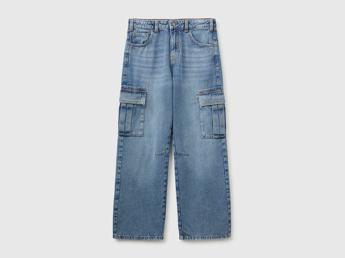 Benetton Light Blue Boys Loose-Fit Cargo Jeans SKU: 4KEHCF061_901 Image 01