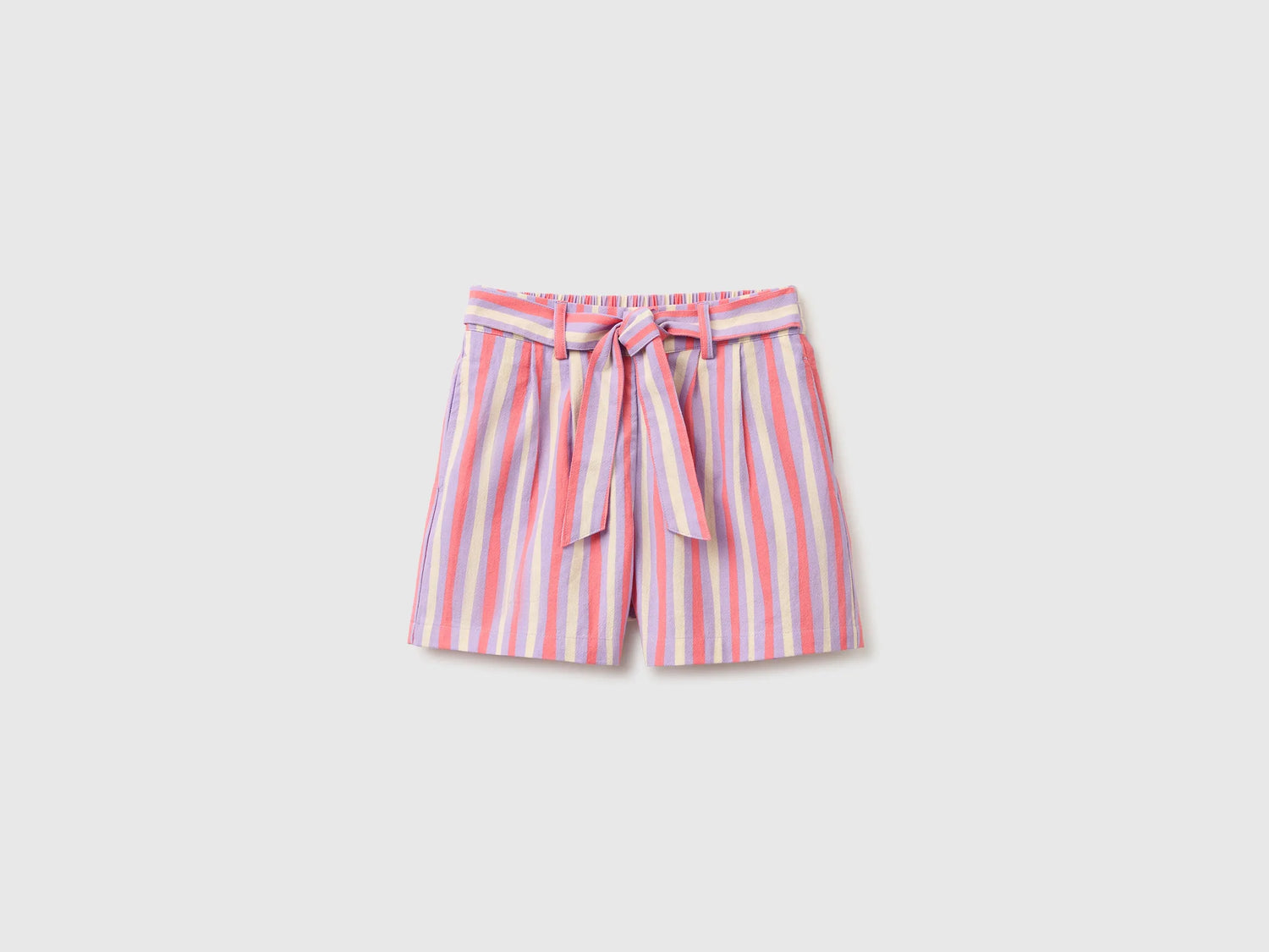 Benetton Multi-Color Girls Striped Shorts with Sash SKU: 4KFZC904T_70Z Image 01