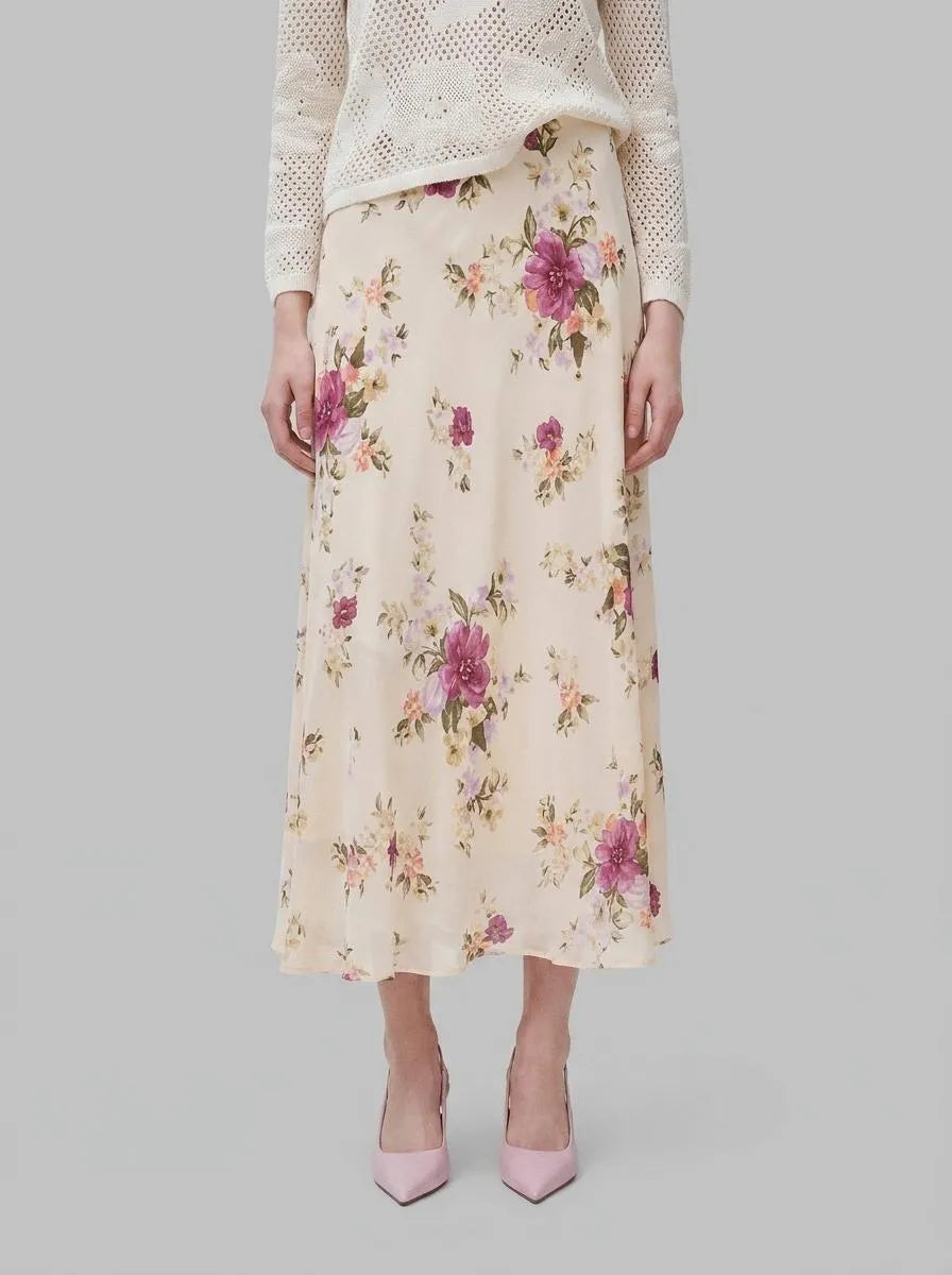 Benetton Creamy White Women Flowing Floral Skirt SKU: 4LKED005S_68P Image 00