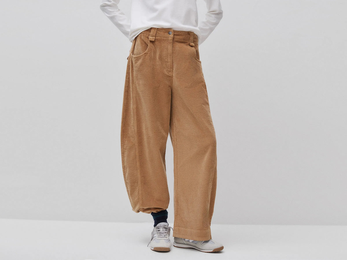 Benetton Camel Women Corduroy Barrel-Fit Trousers SKU: 4OFUDF0CV_34A Image 01
