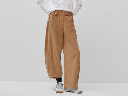 Benetton Camel Women Corduroy Barrel-Fit Trousers SKU: 4OFUDF0CV_34A Image 01