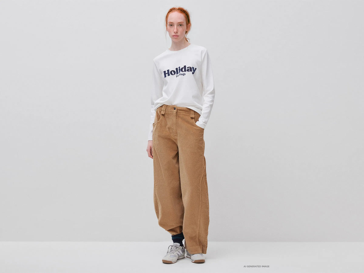 Benetton Camel Women Corduroy Barrel-Fit Trousers SKU: 4OFUDF0CV_34A Image 02
