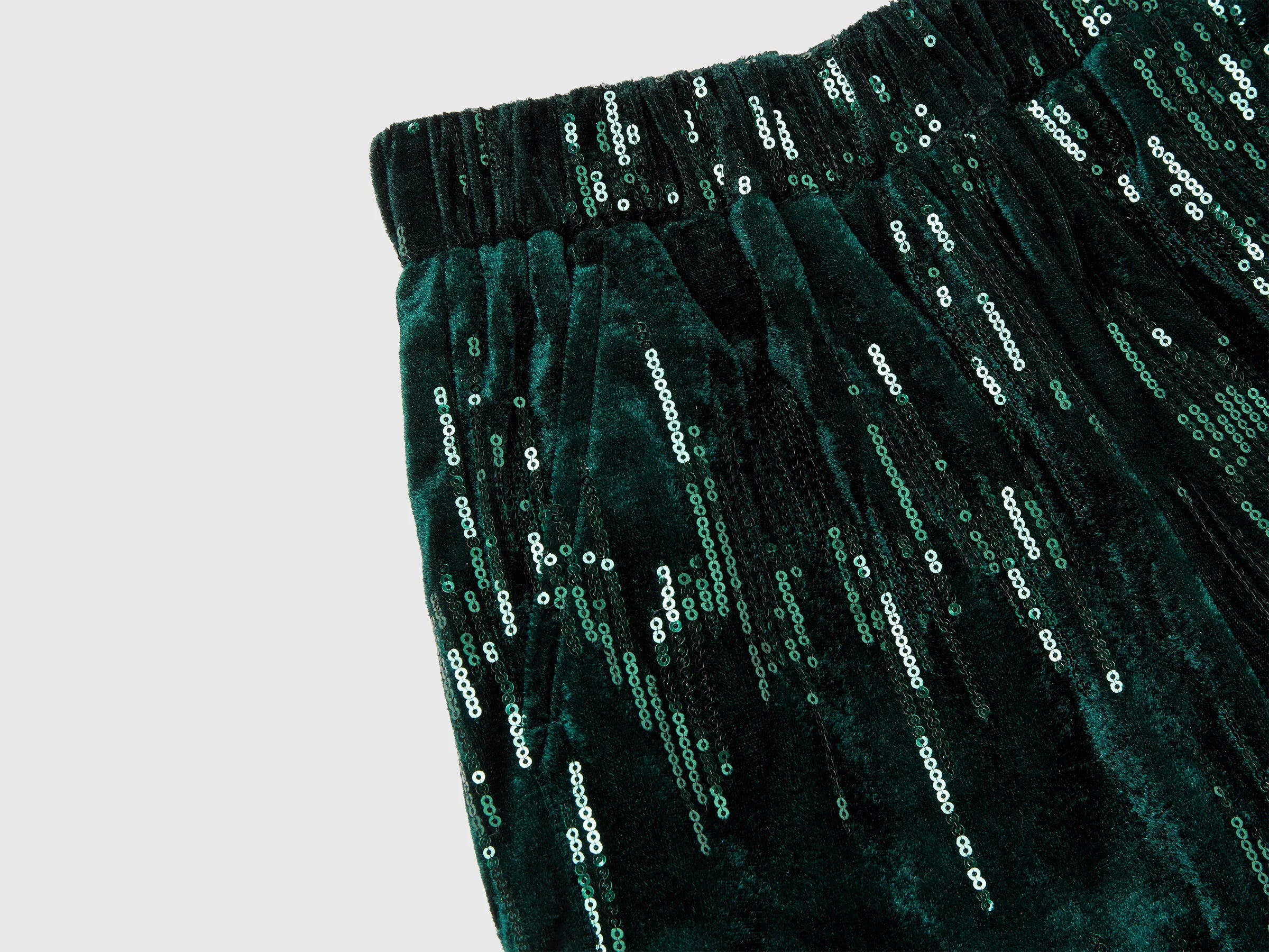 Benetton Dark Green Girls Velvet Palazzo Trousers with Sequins SKU: 4OZGCF05C_901 Image 03