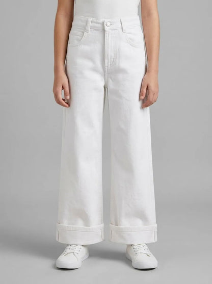 Benetton White Girls Wide-Fit Trousers with Cuffs SKU: 4PYACE04P_701 Image 00