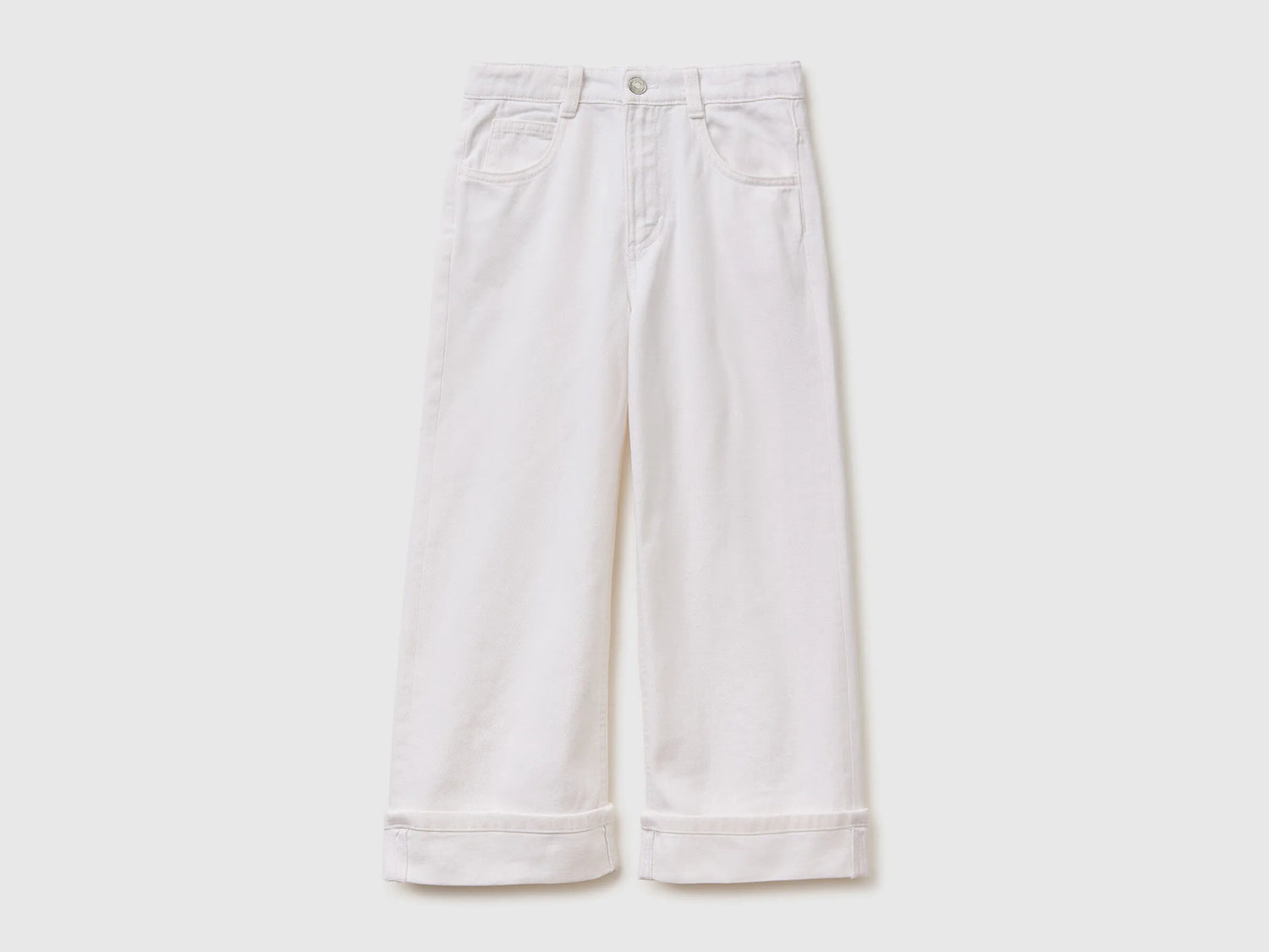 Benetton White Girls Wide-Fit Trousers with Cuffs SKU: 4PYACE04P_701 Image 01