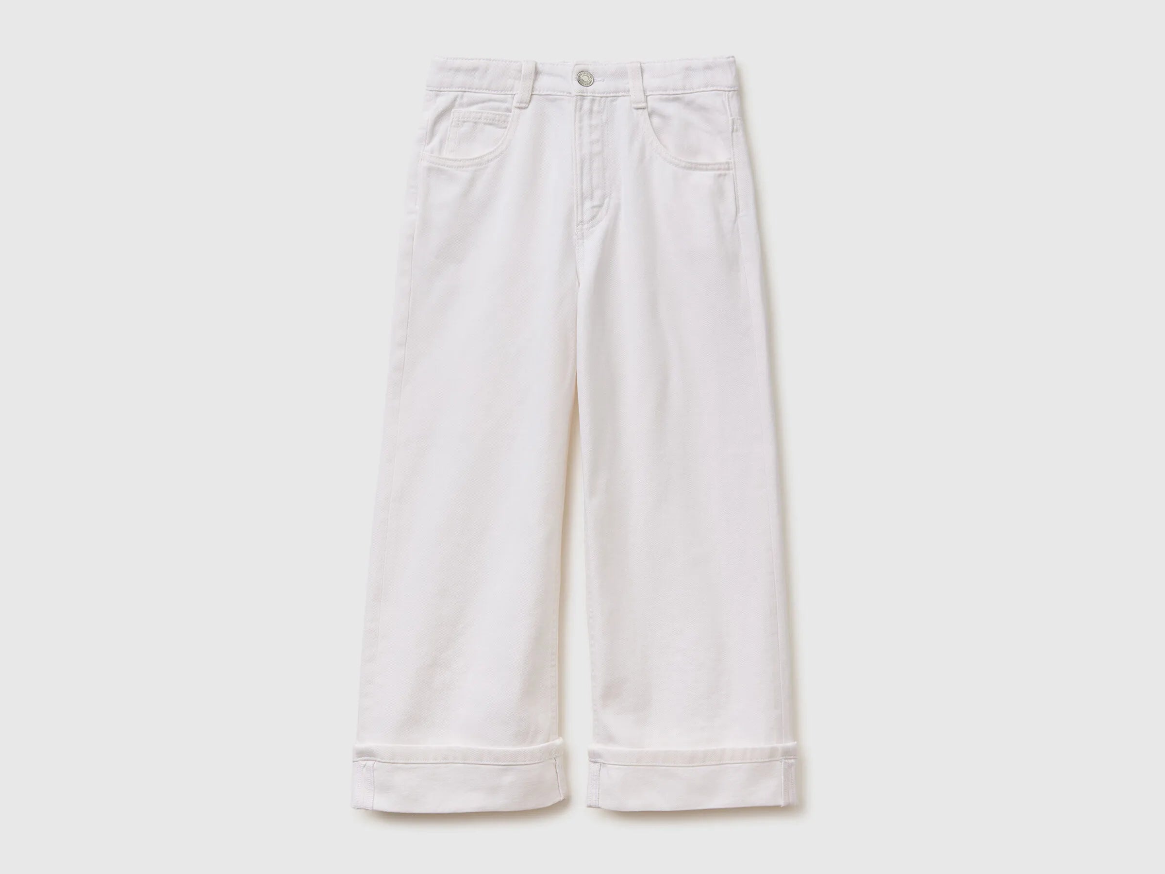 Benetton White Girls Wide-Fit Trousers with Cuffs SKU: 4PYACE04P_701 Image 01