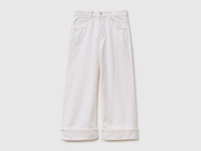 Benetton White Girls Wide-Fit Trousers with Cuffs SKU: 4PYACE04P_701 Image 01
