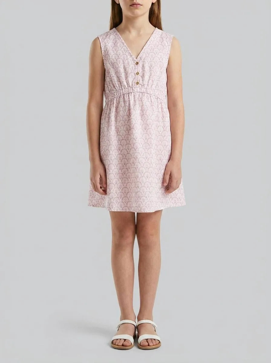 Benetton Soft Pink Girls Floral Dress in Linen Blend SKU: 4QBQCV03U_68C Image 00