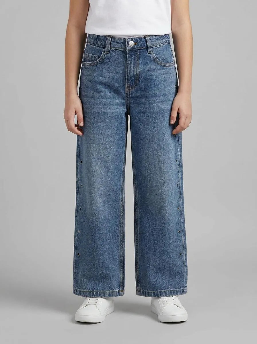 Benetton Light Blue Girls Straight Jeans with Eyelets SKU: 4R76CE04O_901 Image 00