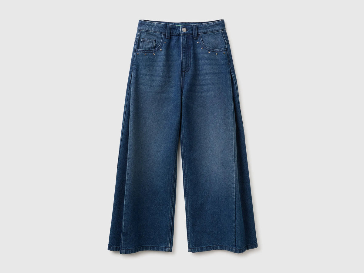 Benetton Dark Blue Girls Wide-Fit Jeans with Studs SKU: 4RJFCE04Z_901 Image 01