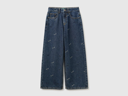 Benetton Dark Blue Girls Wide-Fit Jeans with Embroidery SKU: 4TJYCE052_901 Image 01