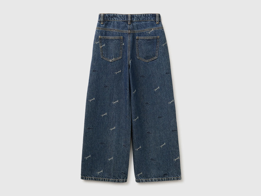 Benetton Dark Blue Girls Wide-Fit Jeans with Embroidery SKU: 4TJYCE052_901 Image 02