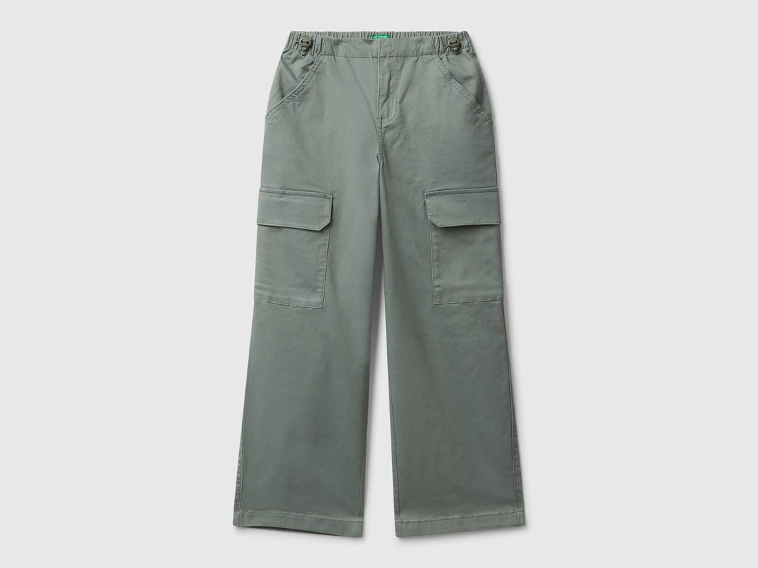 Benetton Military Green Girls Parachute Trousers in Stretch Cotton SKU: 4XZXCF04S_075 Image 01