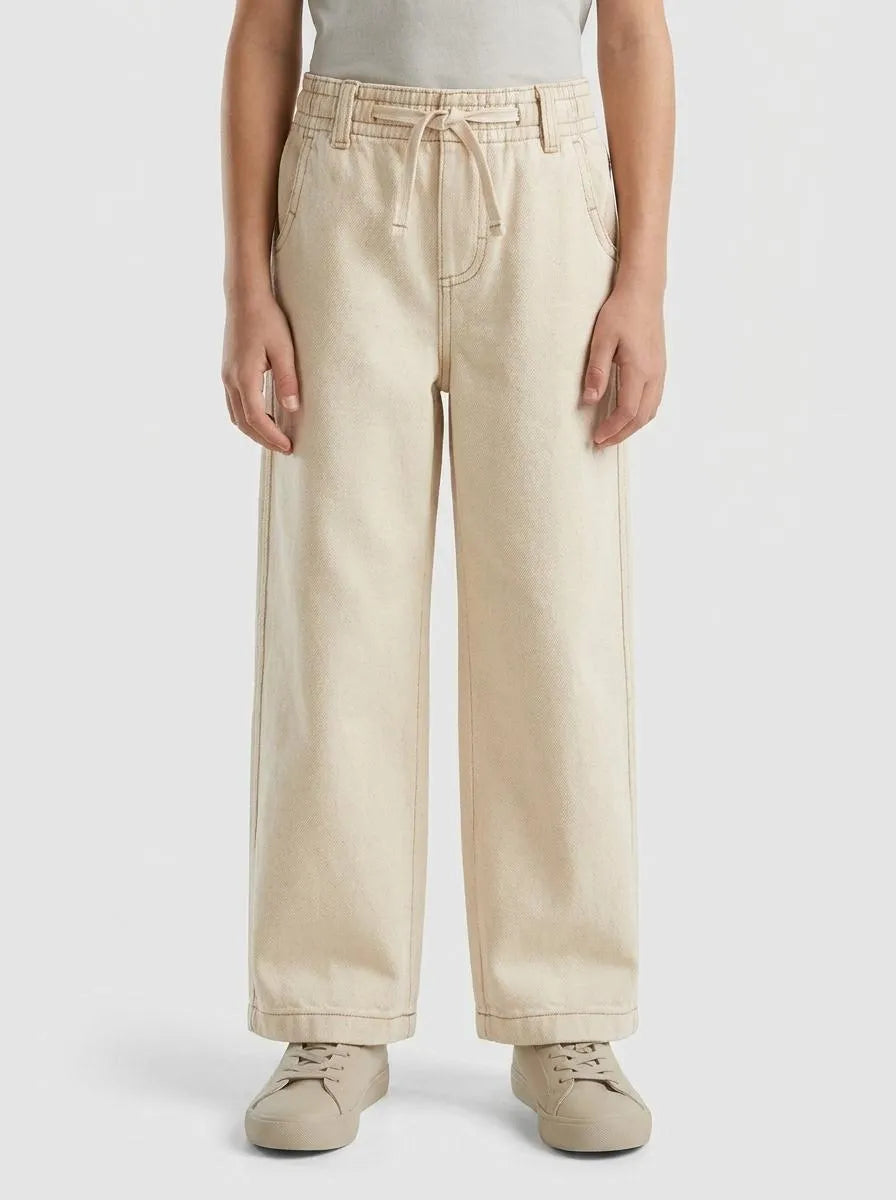 Benetton Creamy White Boys Loose-Fit Trousers with Drawstring SKU: 4ZJNGF02T_901 Image 00