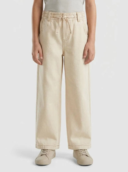 Benetton Creamy White Boys Loose-Fit Trousers with Drawstring SKU: 4ZJNGF02T_901 Image 00