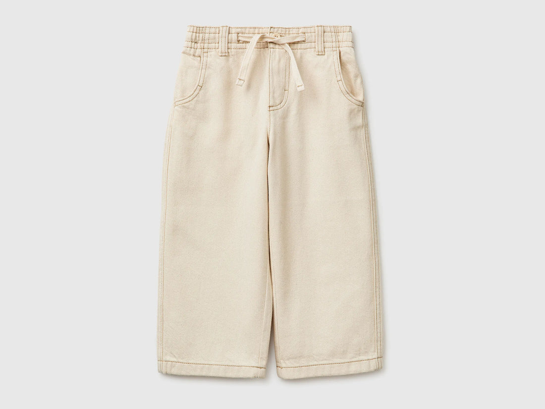 Benetton Creamy White Boys Loose-Fit Trousers with Drawstring SKU: 4ZJNGF02T_901 Image 01