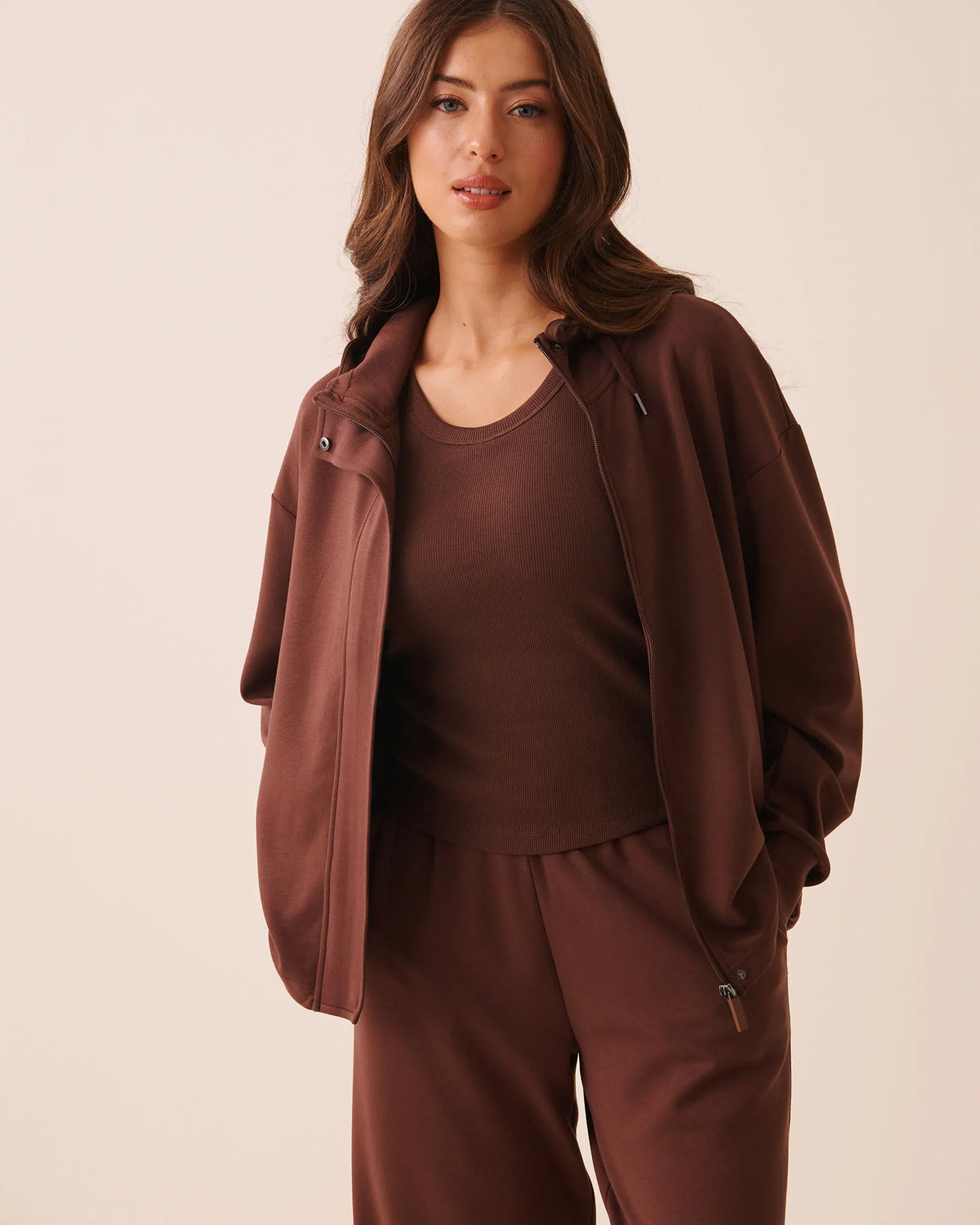 La Vie en Rose Brown Stone Women Double-Knit Zip-Up Hoodie SKU: 50100136_20131 Image 04