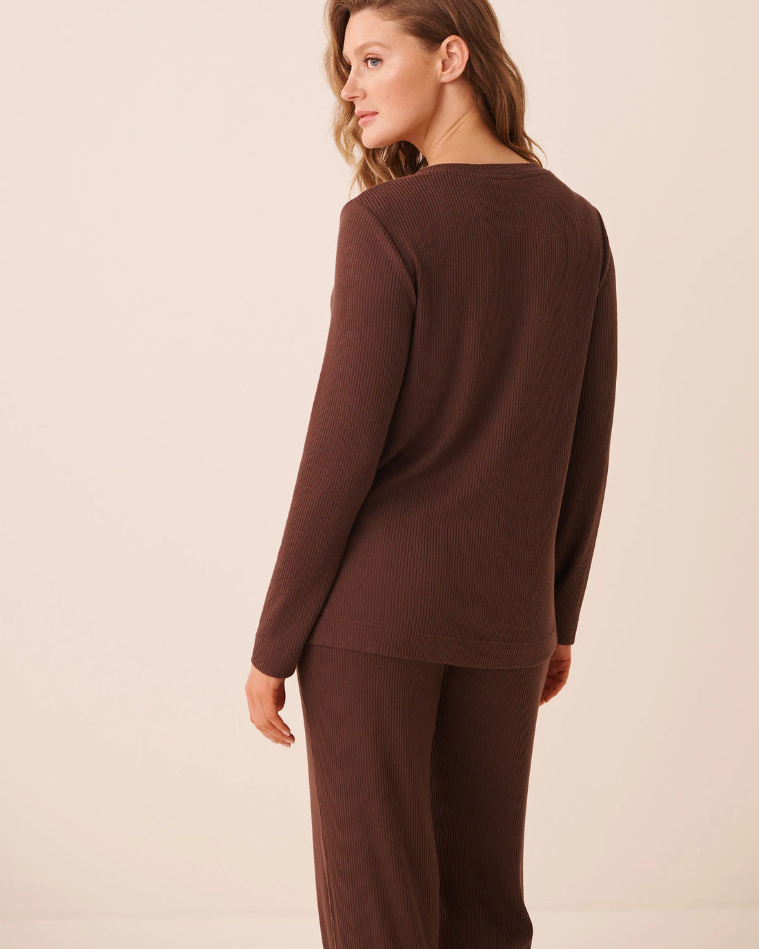 La Vie en Rose Brown Stone Women Ribbed Knit Long Sleeve Henley Shirt SKU: 50100137_20131 Image 02
