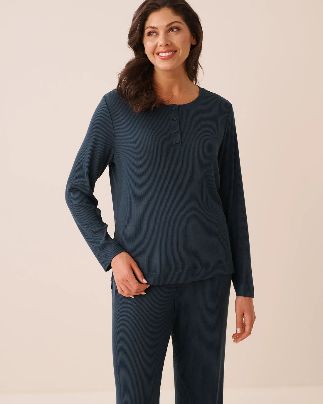 La Vie en Rose Midnight Navy Women Ribbed Knit Long Sleeve Henley Shirt SKU: 50100137_40008 Image 01