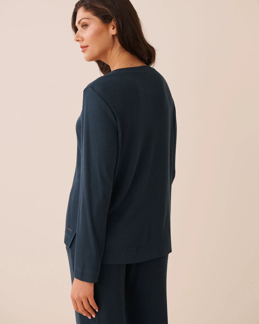 La Vie en Rose Midnight Navy Women Ribbed Knit Long Sleeve Henley Shirt SKU: 50100137_40008 Image 02